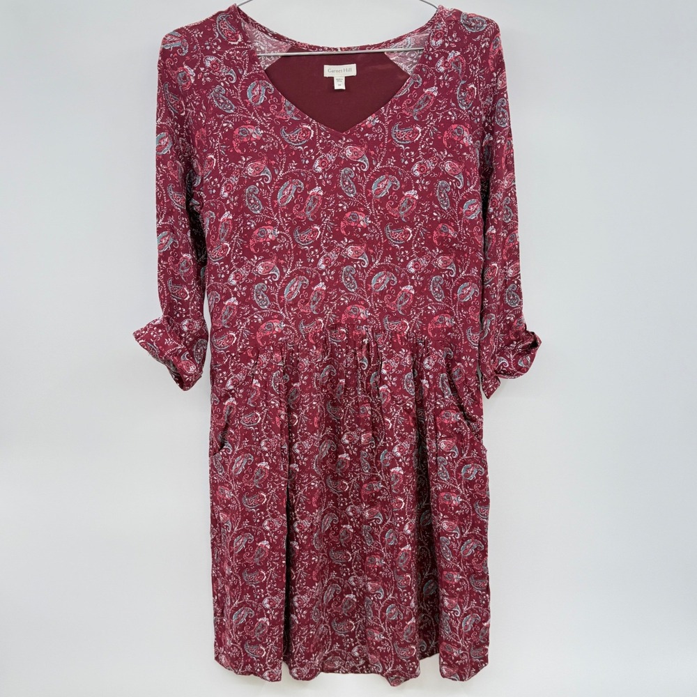 Garnet Hill Burgundy Paisley Print V Neck Midi Dress Size 0 Cottagecore‎ Boho
